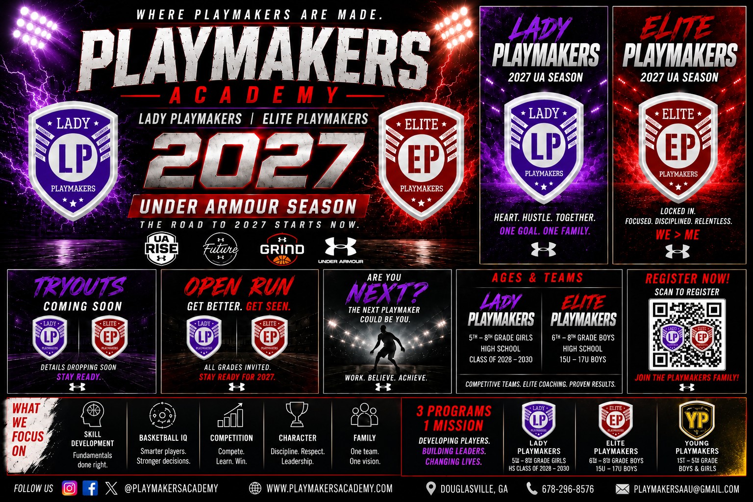 Playmakers Academy 2027 Under Armour season information for Lady Playmakers, Elite Playmakers, and Young Playmakers
